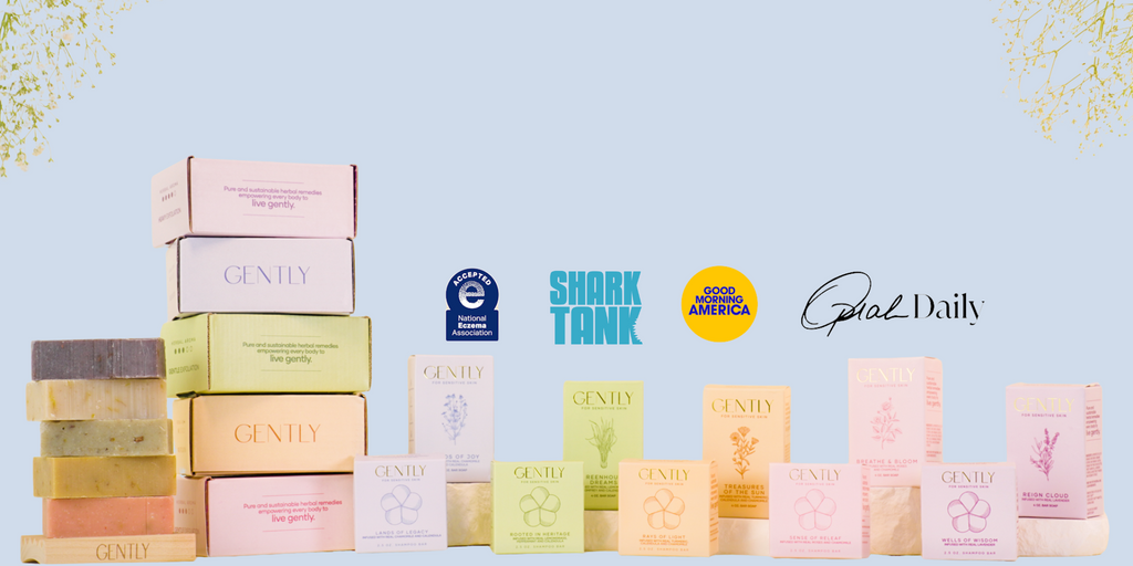 All Gently Soap products lined up with National Eczema Association Seal of Acceptance, Shark Tank, Good Morning America, and Oprah Daily logo 