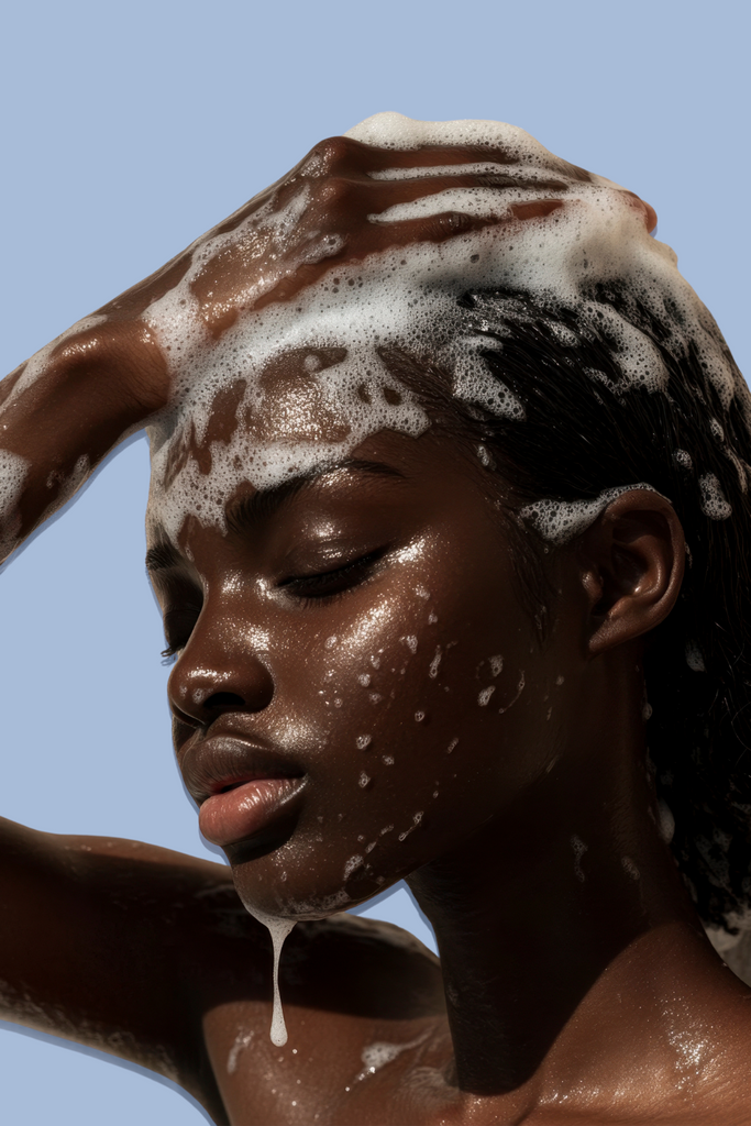 Woman with dark skin washing her hair, covered in foamy shampoo lather, with water droplets on her face against a light blue background