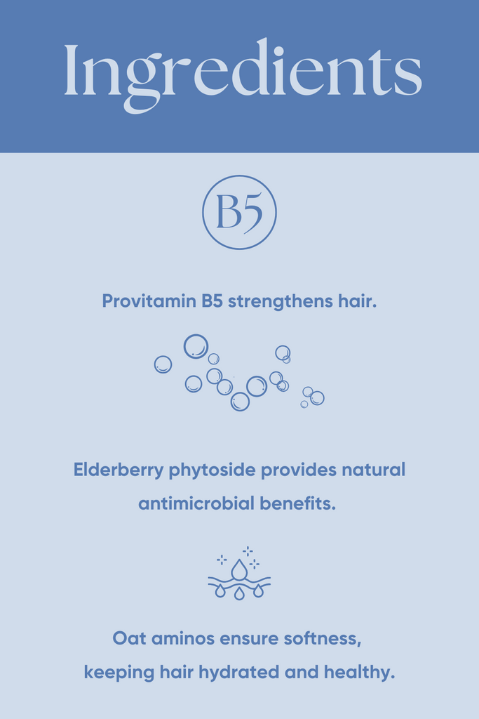 Infographic showcasing hair care ingredients: Provitamin B5 for strength, elderberry phytoside for antimicrobial benefits, and oat aminos for hydration.