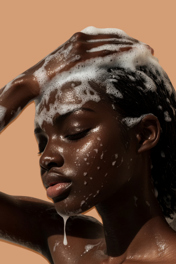 Woman with dark skin washing her hair, covered in foamy shampoo lather, with water droplets on her face against a light orange background
