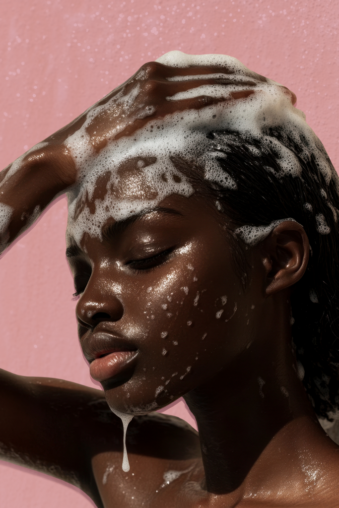 Woman with dark skin in shower washing her hair on a pink background.