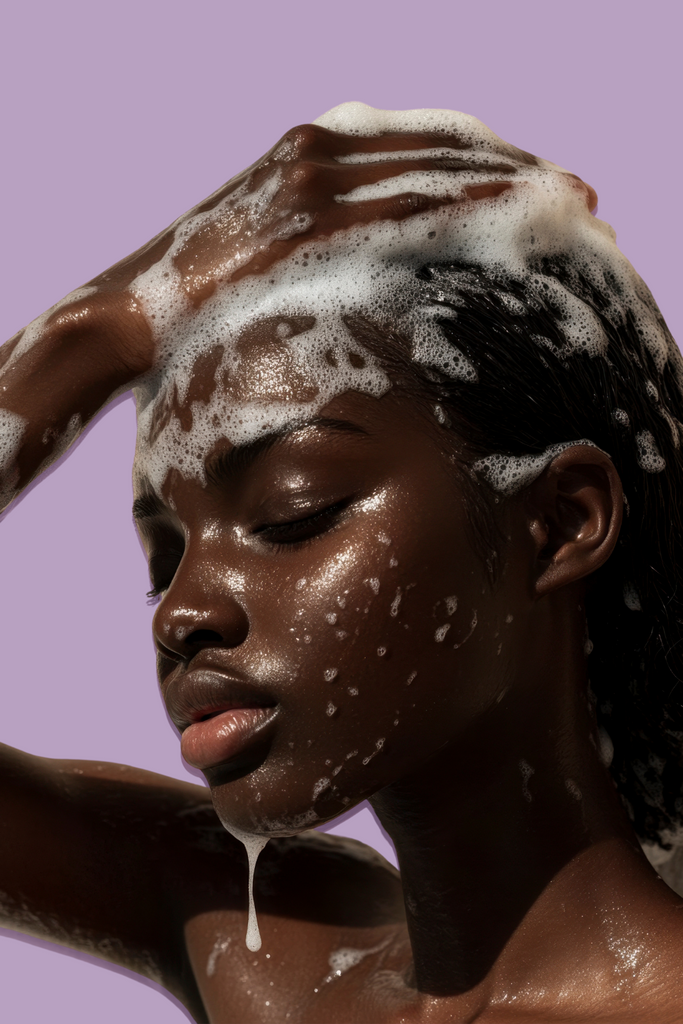 Woman with dark skin washing her hair, covered in foamy shampoo lather, with water droplets on her face against a light purple background