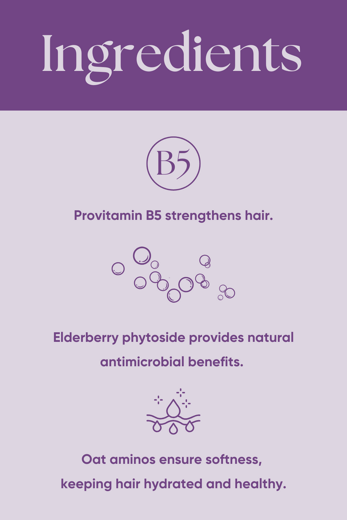 Purple infographic showcasing hair care ingredients: Provitamin B5 for strength, elderberry phytoside for antimicrobial benefits, and oat aminos for hydration.