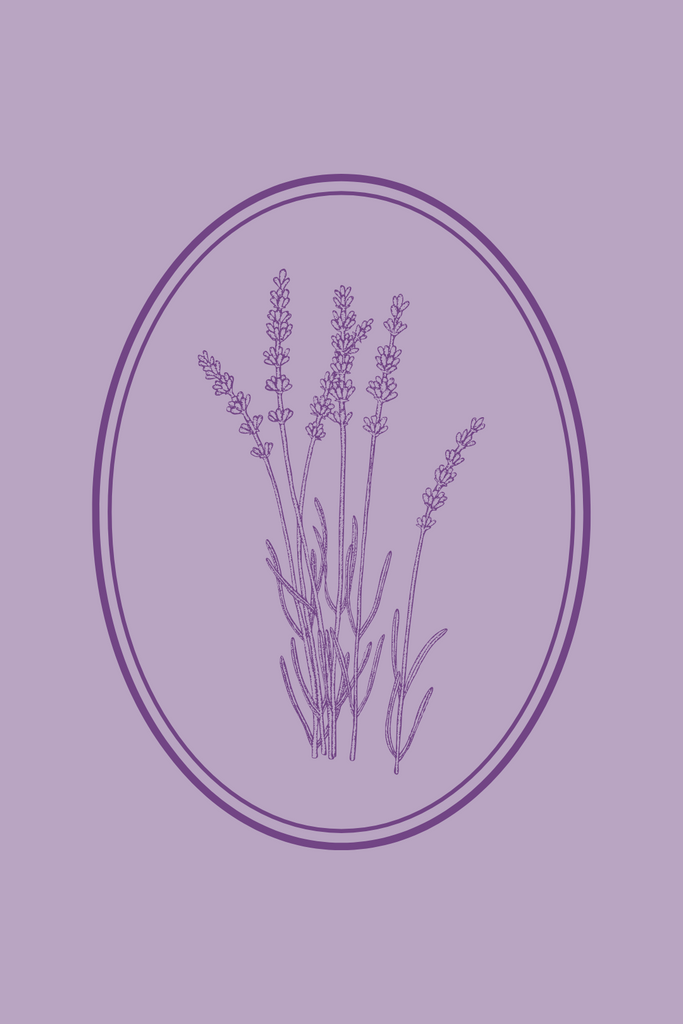 Gently botanical illustration of a lavender plant inside an oval frame, set against a light purple background