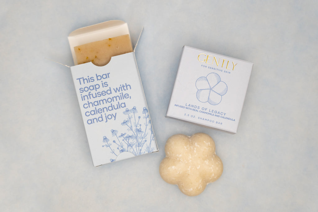 Bar of soap with packaging on a gray background