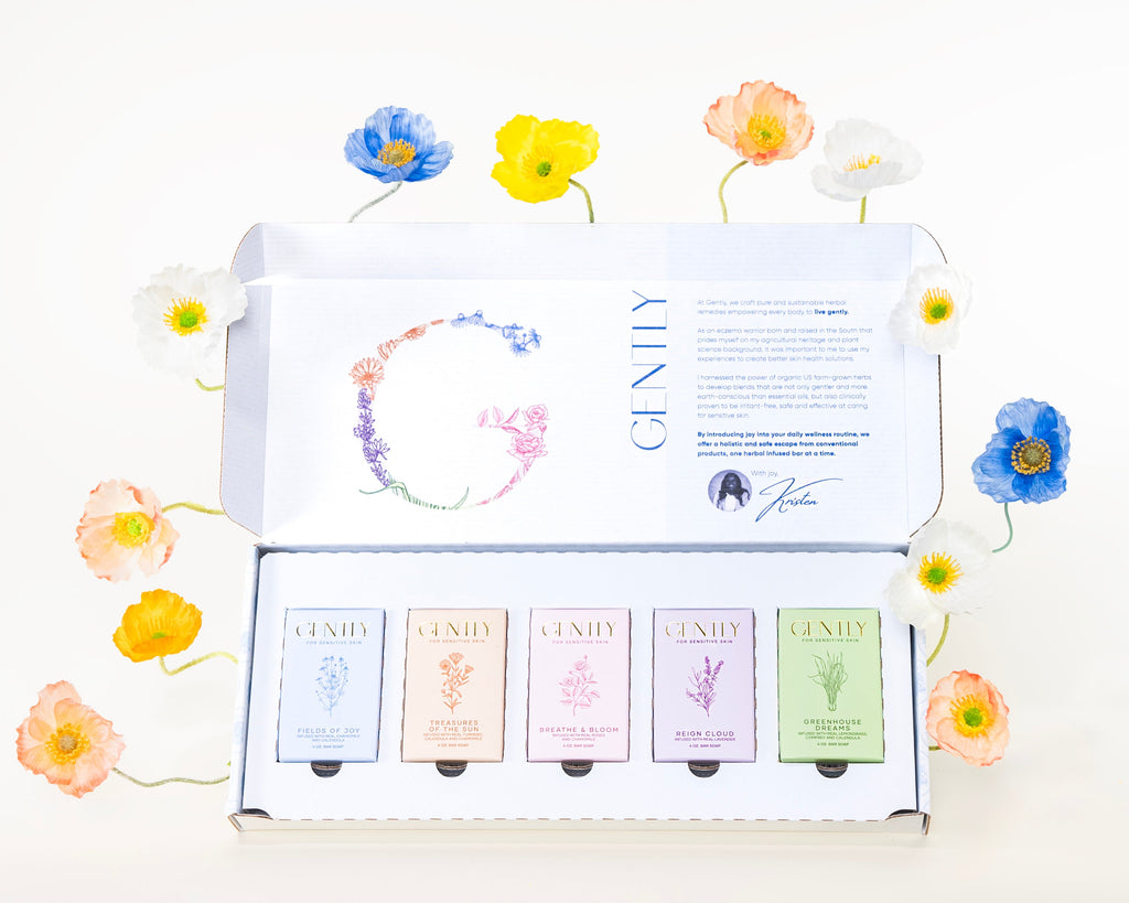 live gently gift set displaing all 5 bar soaps 